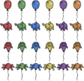 All the shapes and colors of balloons in DSA, from top to bottom: normal Balloon, Beefalo, Pig and Spider.