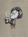 Wilson drinking some coffee in a variant of a drawing made by Klei as thanks to a coffee donation at PAX and posted on Facebook on 9/9/2015.