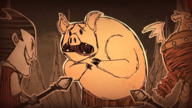 Wilson and Wigfrid hunting a Pigman in the Don't Starve Together launch trailer.