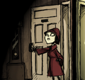Charlie in a red trench coat, entering Maxwell's apartment as seen in the eighth William Carter Puzzle.