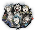 A group portrait of Wilson, Willow, Wolfgang, Wendy, Wickerbottom, and Webber's The Snowfallen set found next to the option to purchase the skin set.