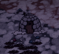 An unlit Walrus Camp at night, indicating it is empty.