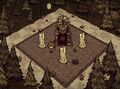 An older version of Don't Starve showing Maxwell's Door on Carpeted Flooring surrounded by Marble Pillars.