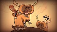 Wilson on a domesticated Beefalo with Woodie in the Don't Starve Together launch trailer.
