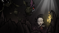 Wilson in a poster announcing the arrival of Caves content in Don't Starve Together.