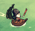 Willow sailing on a Row boat with a thatch sail while holding an Obsidian machete, wearing a Pirate Hat and Backpack.