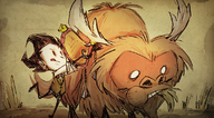 Wilson putting a Saddle on a Beefalo in a promotional image for an update to Don't Starve Together.