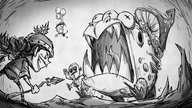 A drawing of Wigfrid, WX-78, and Wes fighting the Toadstool from Rhymes With Play.