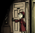 Charlie in a red trench coat, entering Maxwell's apartment.